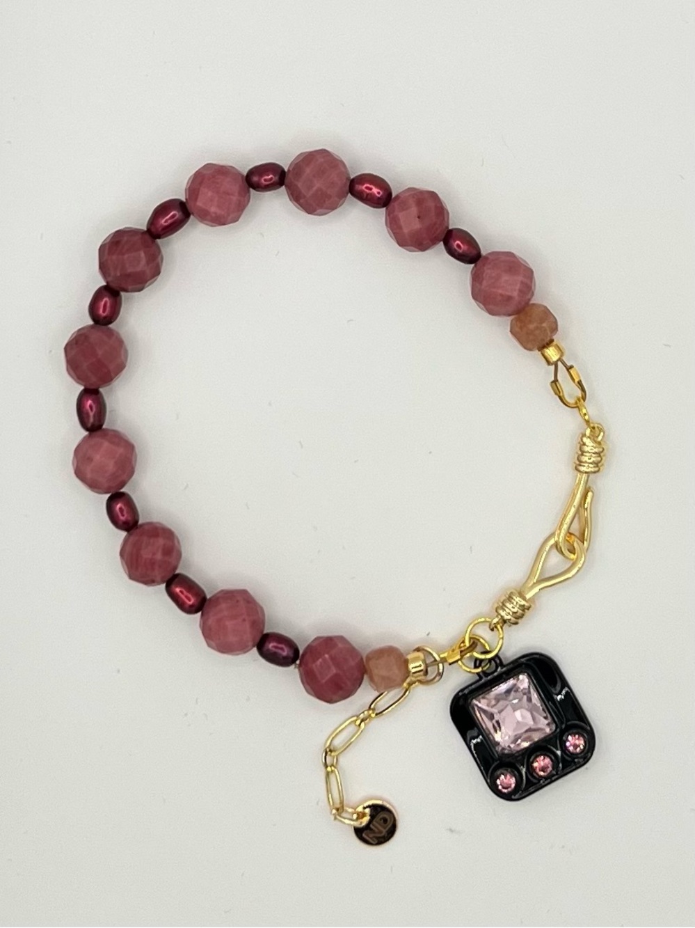 Faceted Rhodonite & Burgundy Crystal Lined Pearl & Sunstone Charm Bracelet